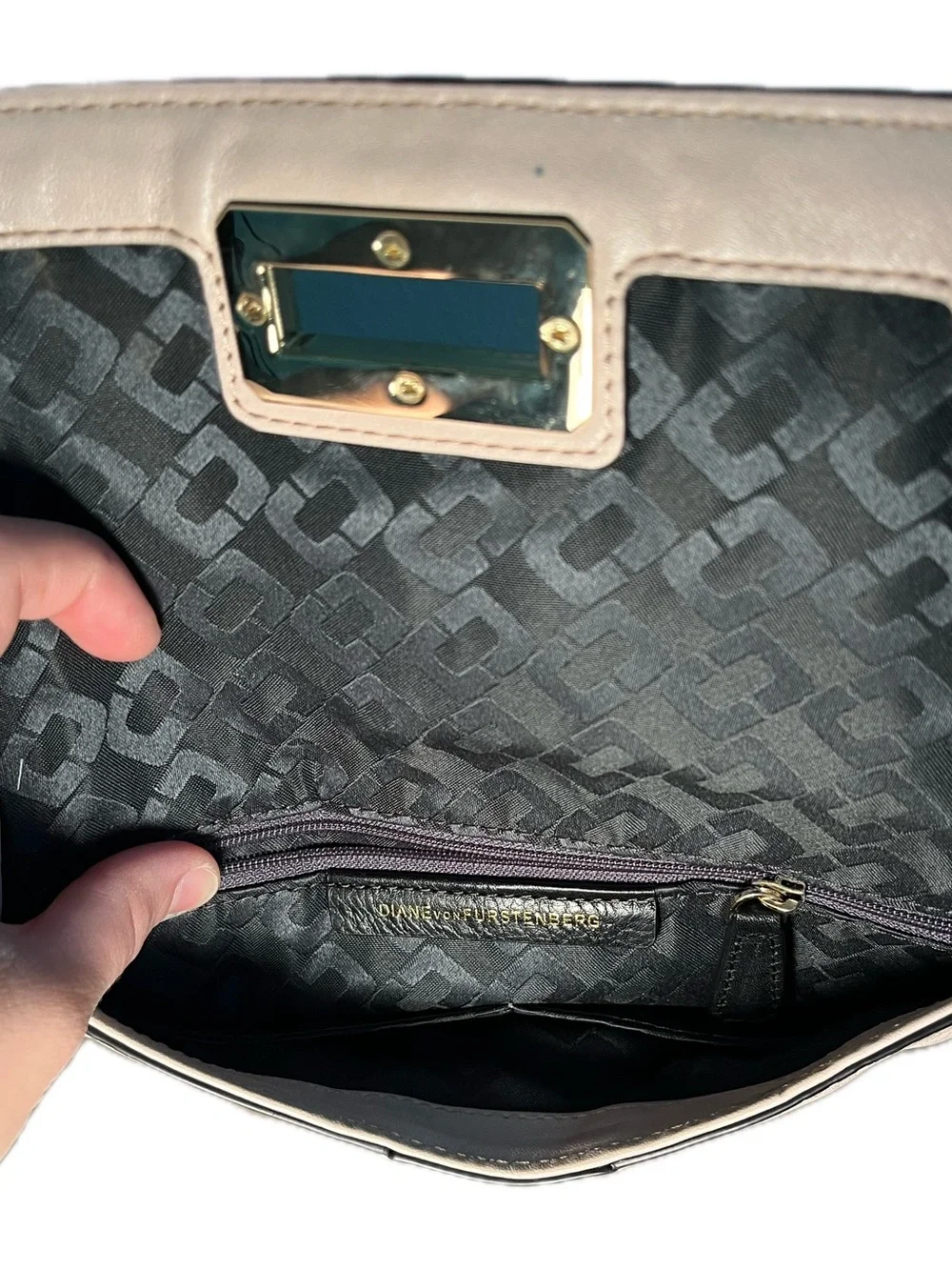Diane Von Furstenberg Evening Clutch Beige off pink Snake-Texture Leather Clutch
